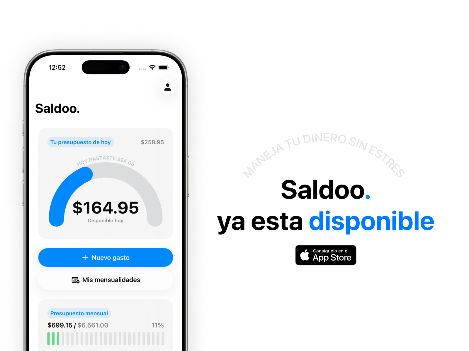 Promoción de Saldoo en App Store con una vista de su presupuesto diario en iPhone